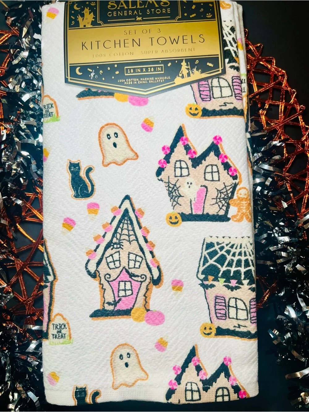3 Halloween Gingerbread Cottage House Kitchen Towels Ghost Bat Cookies Candy